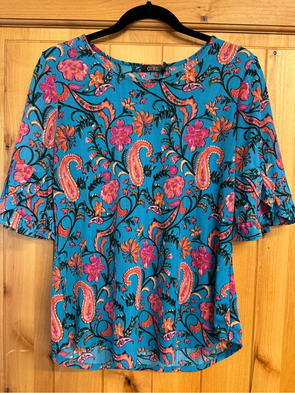 Bright Blue Floral Paisley Ruffle Sleeve Top
